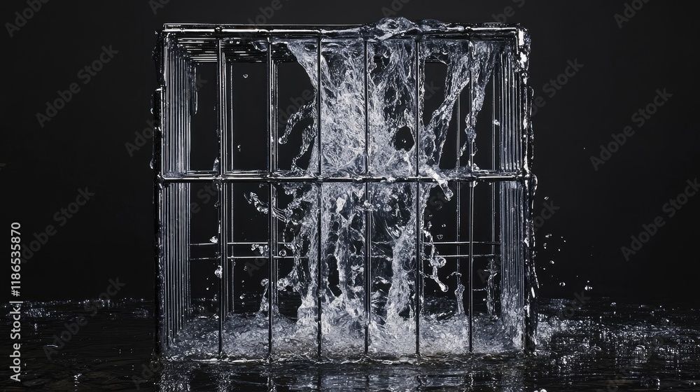 Poster steel cage filled with water dramatically splashing against a dark background creating a dynamic vis