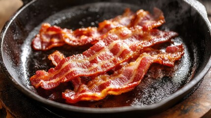 Sizzling bacon strips in a cast iron skillet showcasing a fresh and hearty breakfast concept