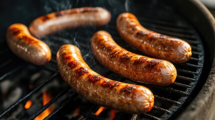Fototapeta premium Grilled sausages sizzling over hot coals on a barbecue grill with smoke rising in a backyard setting