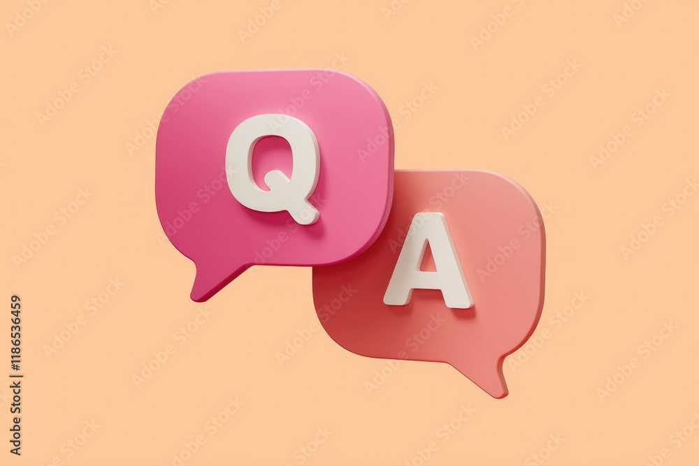 Poster 3D rendering of pink speech bubbles with Q&A, representing questions and answers.