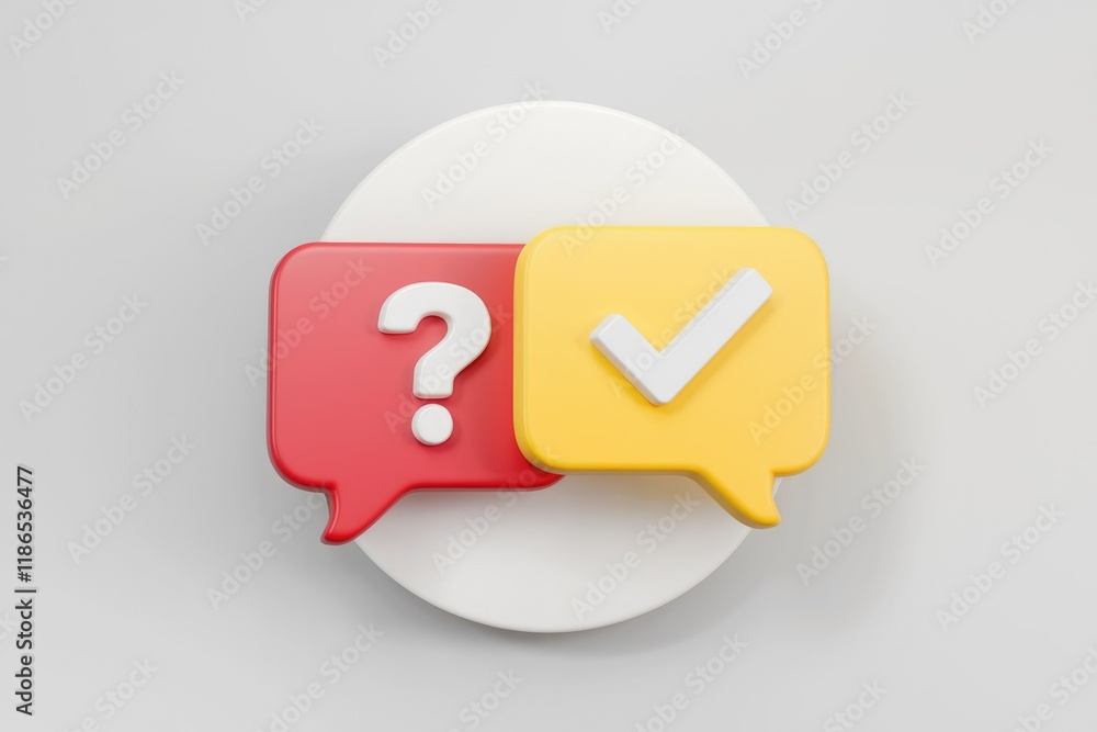 Poster 3D render of question mark and checkmark in speech bubbles, symbolizing Q&A or problem-solving.
