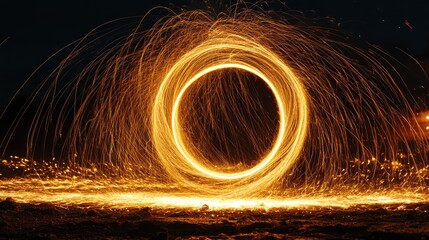 Circular steel wool sparks creating dynamic light trails against a dark background showcasing creative light painting techniques and artistic effects
