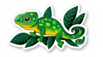Adorable cartoon chameleon perched on vibrant green leaves.  Perfect for kids' projects!