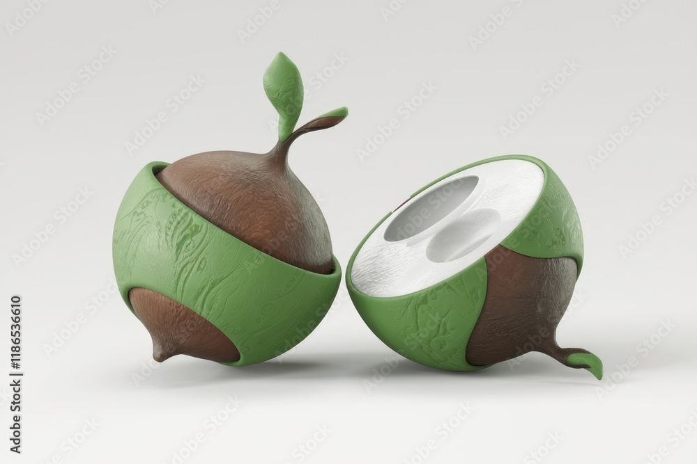 Poster 3D render of two stylized macadamia nuts, one whole and one split open, showcasing a sprout.