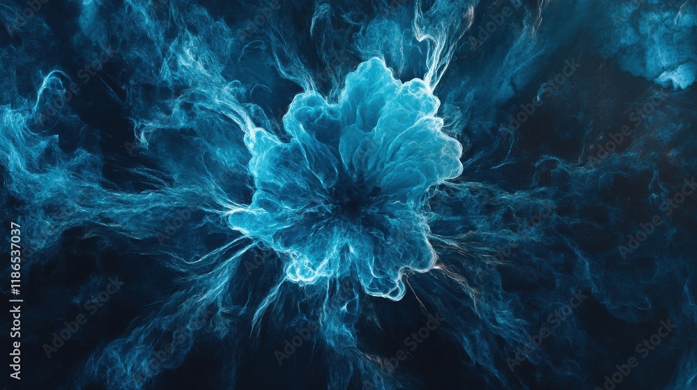 Poster an abstract image capturing a burst of radiant blue light with dynamic energy rays emanating from th