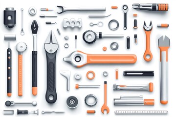 Mechanic tools arranged neatly on white background creating appealing pattern