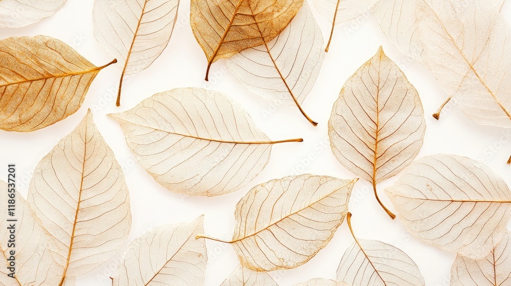 Poster translucent skeleton leaves arranged on a white background showcasing autumn beauty and intricate ve