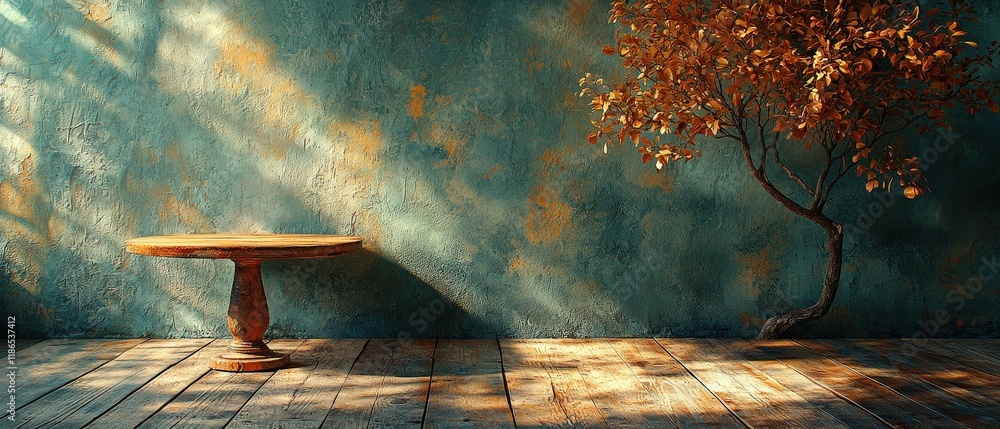 Poster rustic interior with wooden table and decorative tree. sunlight streams through the window creating 