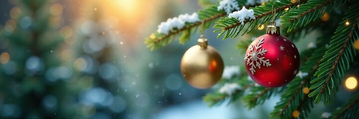 delicate snowflakes and golden ornaments suspended in mid-air amidst a backdrop of evergreen branches, foliage, branch, Christmas