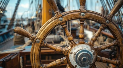Close-up of a vintage wooden steering wheel on a classic sailing ship with nautical ropes and masts in the background