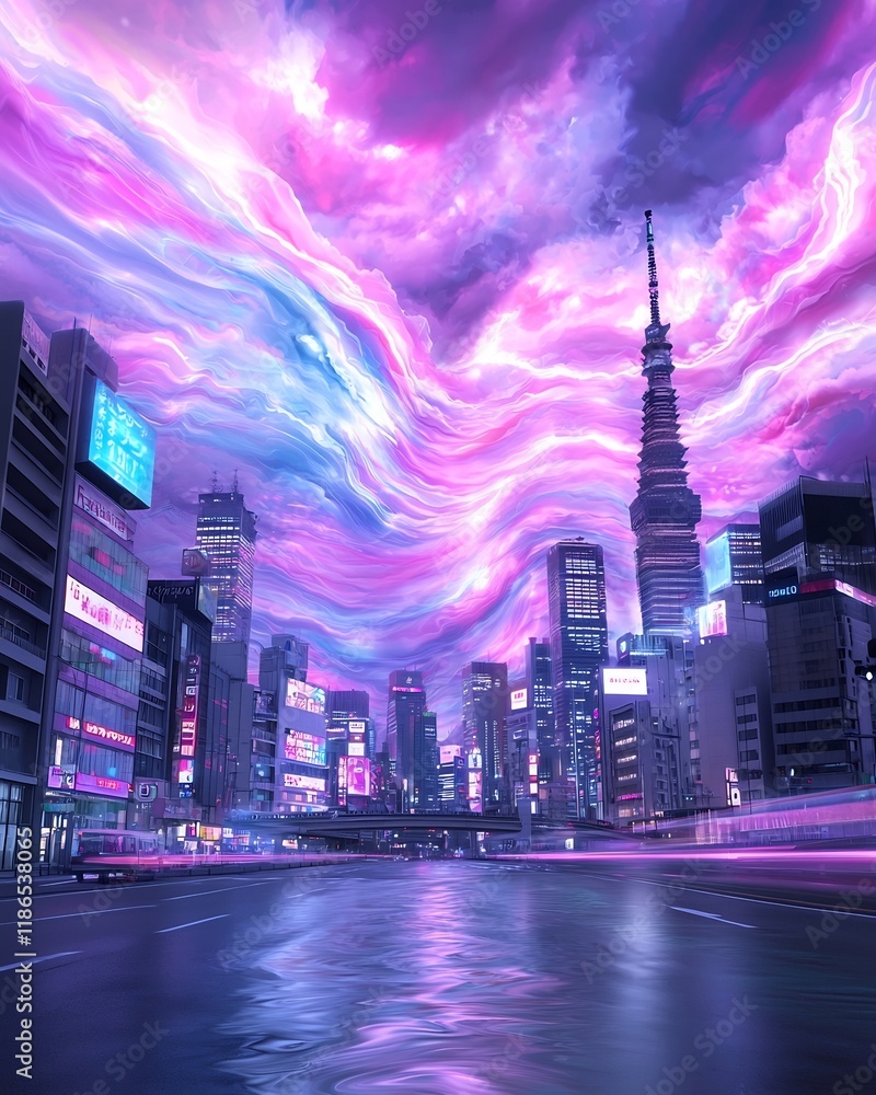 Poster pulsating city skyline enveloped in waves of digital light and distortion vibrant abstract digital a