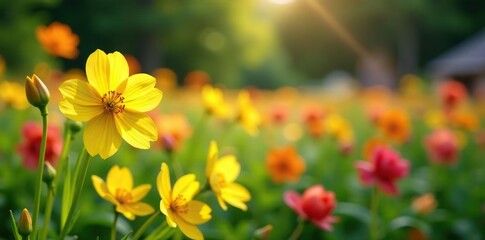 Obraz premium primrose flowers in a garden with other blooms, countryside, colorful, primrose