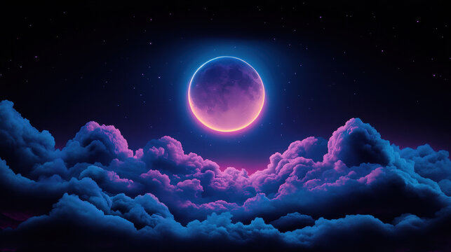 Cosmic Dreamscape: A celestial tapestry of vibrant hues and ethereal beauty, a full moon glows with a neon light, casting an otherworldly ambiance on the clouds beneath.