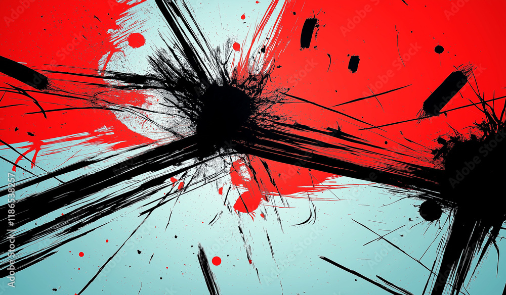 Poster abstract red and black gradient background with textured brush strokes on the left and solid red on 