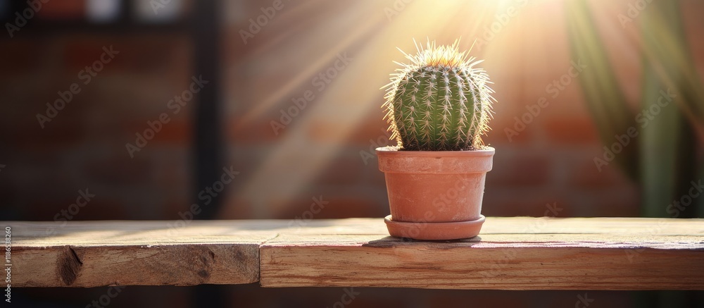 Poster cactus in terracotta pot on rustic wooden shelf illuminated by sunlight creating a warm inviting atm