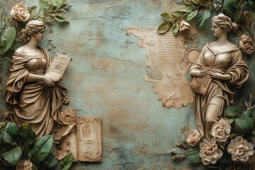 Two greek muses holding books with antique parchment and flowers frame a textured background