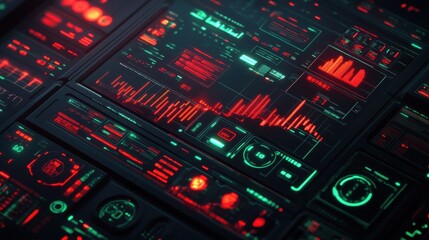 Obraz premium digital illustration presents a vibrant financial trading interface with glowing candlestick charts in red and green, set against a dark background, ideal for tech and investment content. illustratio