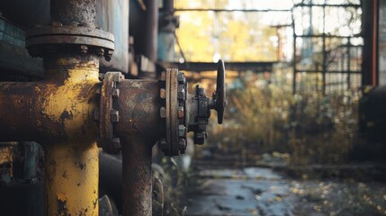 Rusty Steel Pipe with Valve in Abandoned Industrial Setting Surrounded by Overgrown Grass and Old Structures