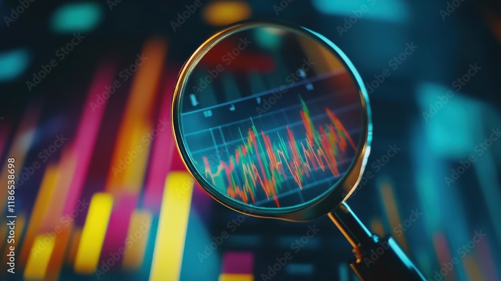 Aufkleber printed business documents with colorful charts and graphs being analyzed through a magnifying glass