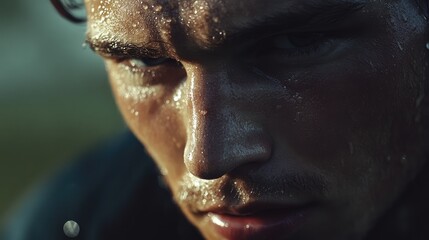 Intense close-up of a focused soccer player preparing for a match with sweat glistening on his face under natural light.