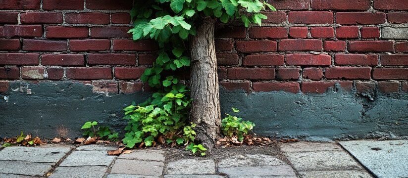 Tree breaking through brick sidewalk symbolizing resilience and the intersection of nature and urban environments