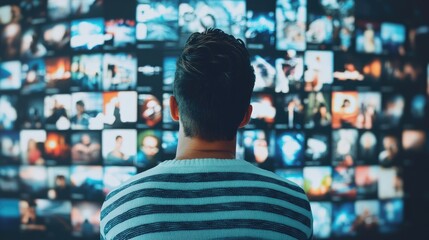 Person exploring a digital social timeline filled with vibrant photo memories on multiple screens in a modern setting.