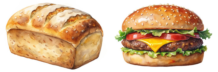 Watercolor bread loaf, delicious hamburger, fresh ingredients, vibrant colors, food illustration, culinary art, appetizing design.