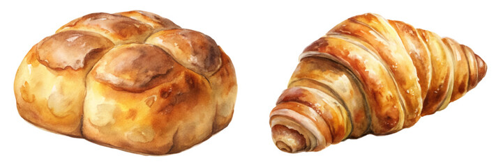 Watercolor bread illustration, fresh baked goods, croissant and roll, delicious pastry art, food styling, culinary design.