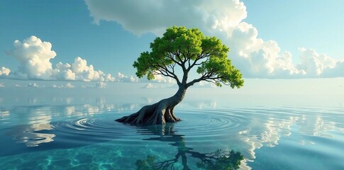 Single tree trunk sinks into the water's surface, isolation, solitude