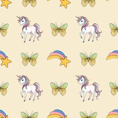 Unicorn with Pastel Yellow and Green Butterfly and Rainbow Fallen Star Seamless Pattern Small Design on Pastel Yellow Background