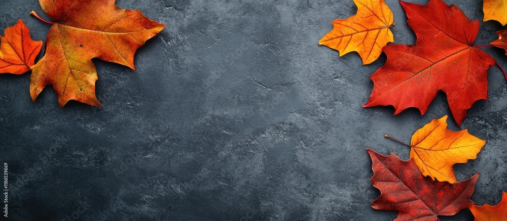 Poster autumn leaves on gray stone background for web banner warm moody atmosphere with blank space for sea