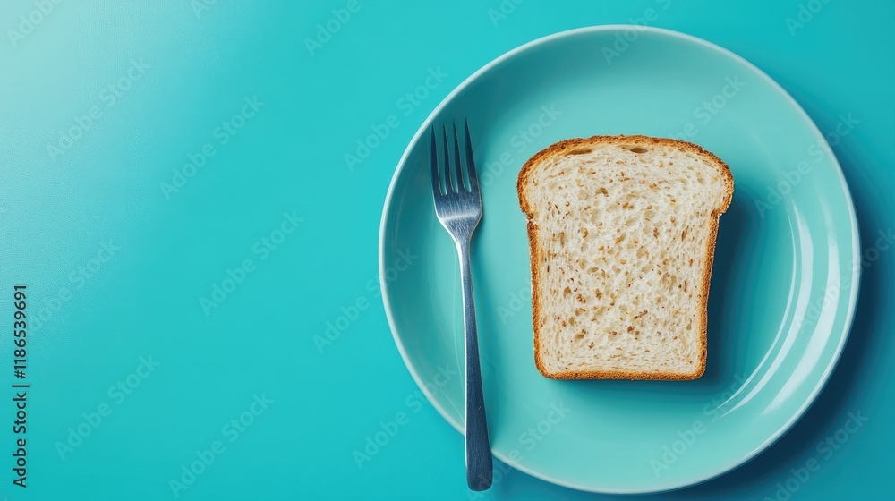 Poster sliced soda bread on a turquoise plate with a fork and empty space for text showcasing whole grains 