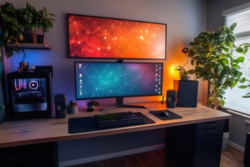 Modern gaming setup illuminating room with colorful rgb lights