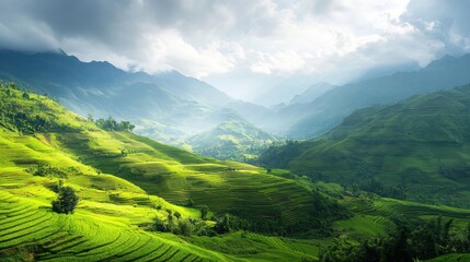 Obraz premium Sunbeams Illuminating Lush Rice Terraces in Mountainous Landscape