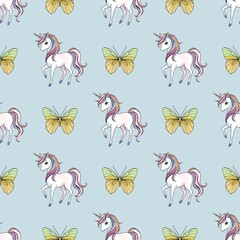 Unicorn with Pastel Yellow and Green Butterfly Seamless Pattern Small Design on Pastel Blue Background