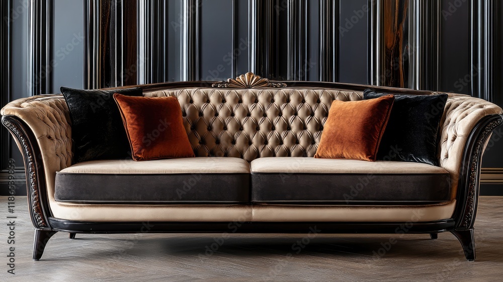 Poster luxury modern sofa with art deco design elements in an elegant interior setting showcasing rich text