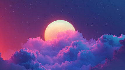 Celestial Dreamscape: A vibrant, surreal full moon emerges from a sea of purple and blue clouds, casting an ethereal glow across the night sky.  A captivating image perfect for fantasy, dreams.