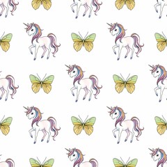 Unicorn with Pastel Yellow and Green Butterfly Seamless Pattern Small Design on White Background