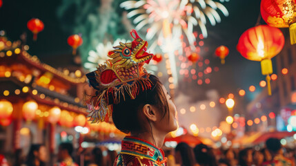 Chinese New Year snake decorations, bustling street festival, performers in traditional costumes, colorful fireworks in the background, festive mood