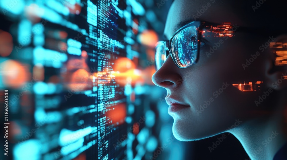 Poster strategic leader analyzing digital data visuals for business growth and insights in a technology-dri
