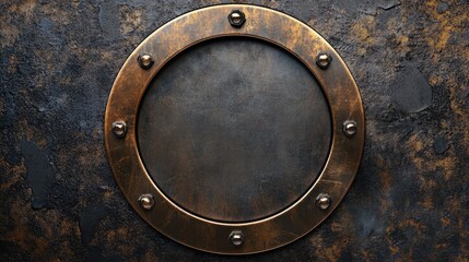 Bronze circular medal frame with rivets on a textured metallic background for award or achievement display