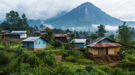 Mountain Village Homes in a Misty Landscape