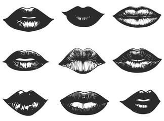 Hand drawn woman lips in different variations. Black and white vector illustration.