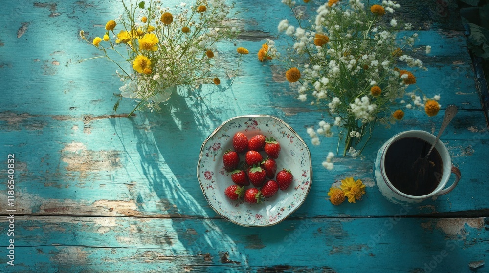 Poster strawberries and wildflowers arranged on a rustic blue table with coffee creating a warm and invitin