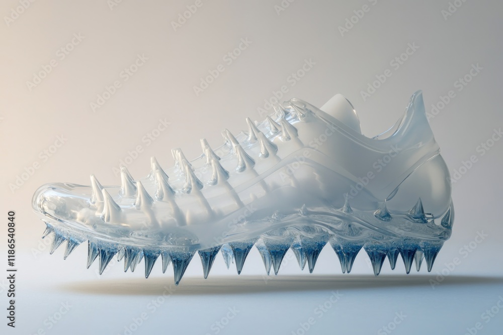 Poster a clear plastic shoe with sharp spikes on the sole, suitable for use as an abstract design or to ill