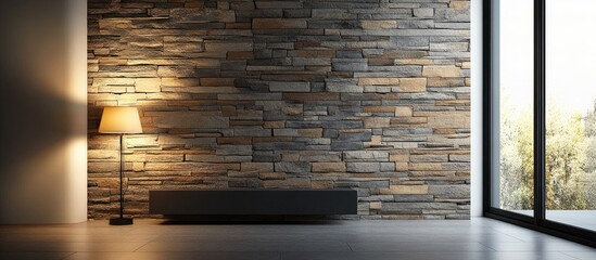 Contemporary interior featuring a stone wall accent and modern lamp perfect for home office or hotel environment design inspiration