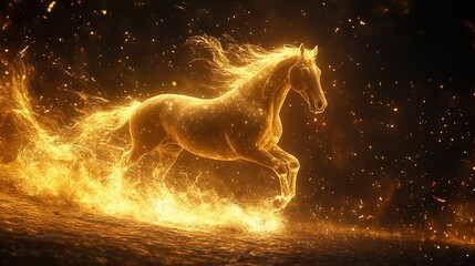 Golden horse running on fire, magical fantasy scene.