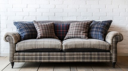 Cozy sofa with patterned pillows in rustic style living room against white brick wall showcasing modern home interior design.