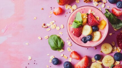 Fresh berry smoothie in a glass topped with fruits and granola on a pink background with scattered ingredients for a healthy dessert theme.