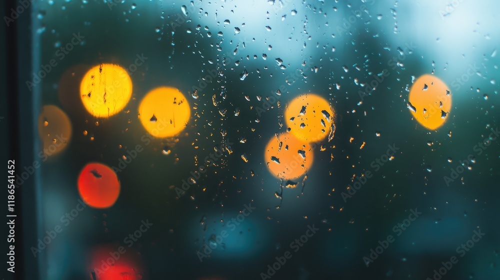 Poster bokeh effect of raindrops on office window creating a tranquil and modern ambiance with soft colorfu